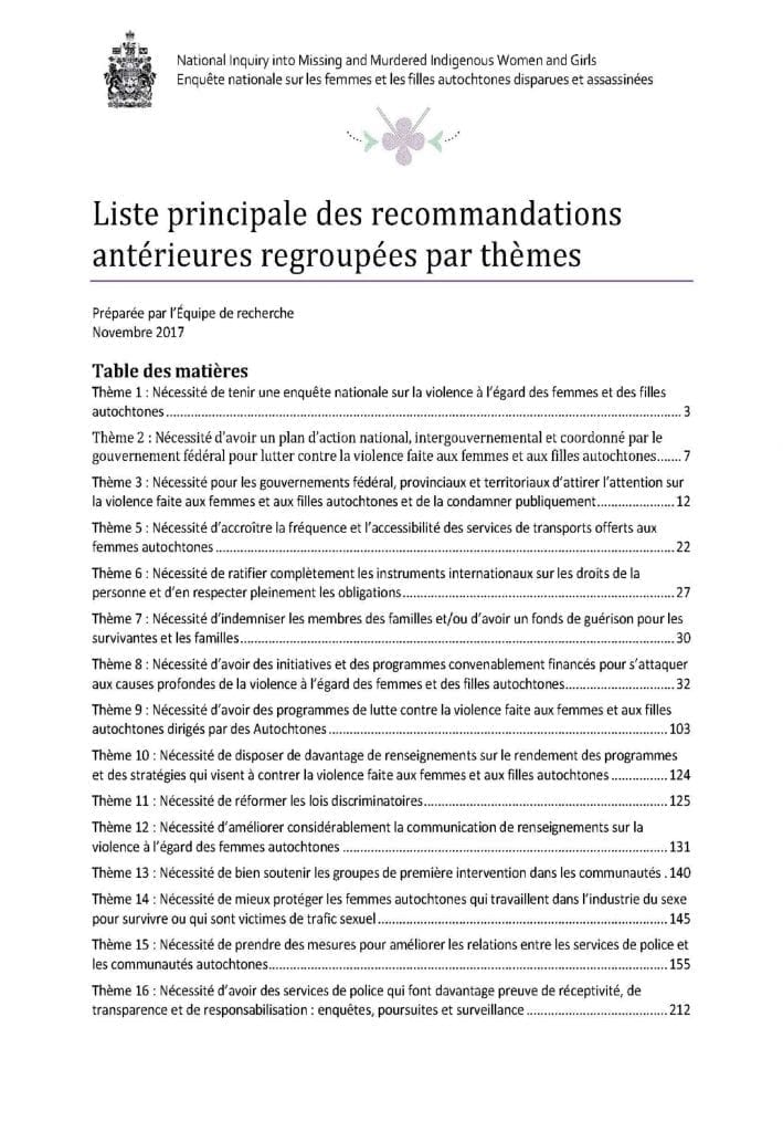 Liste principale des recommandations antérieures regroupées par thèmes